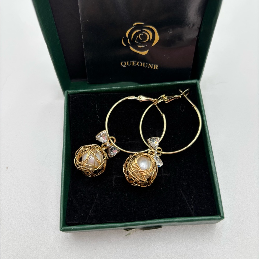 Gold Tone Hoop Earrings w Pearl Nest Dangle Gift Boxed Elegant Drop Jewelry
